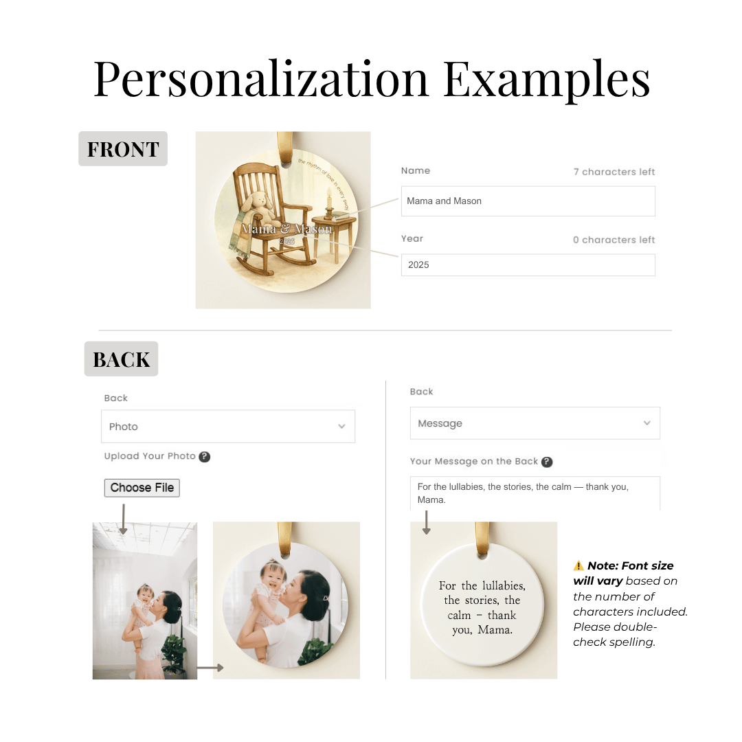 Personalization interface for a ceramic Christmas ornament with options to add a name, year, and a photo or message on the back.