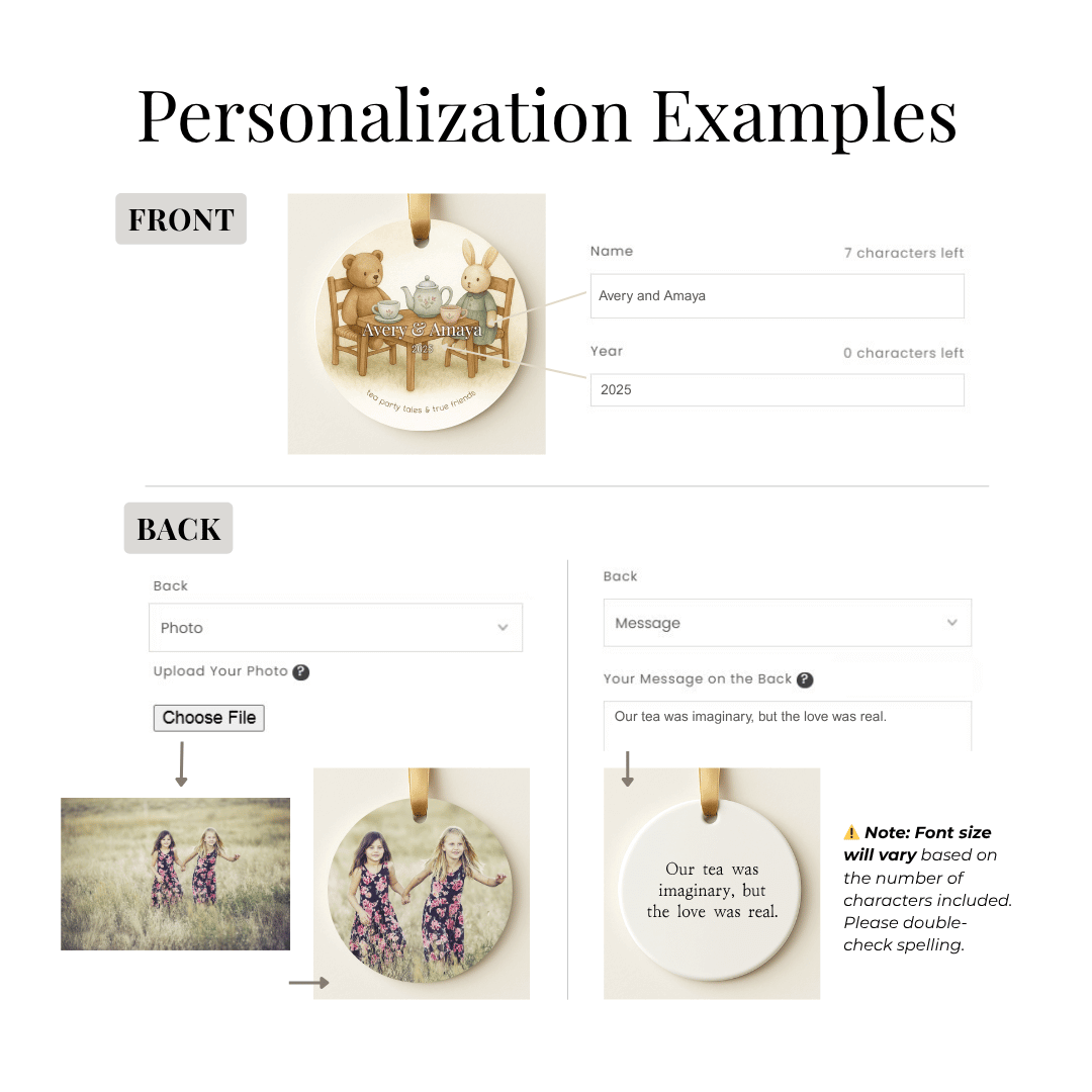 Personalization interface for a Christmas ornament with front and back views, including text and images