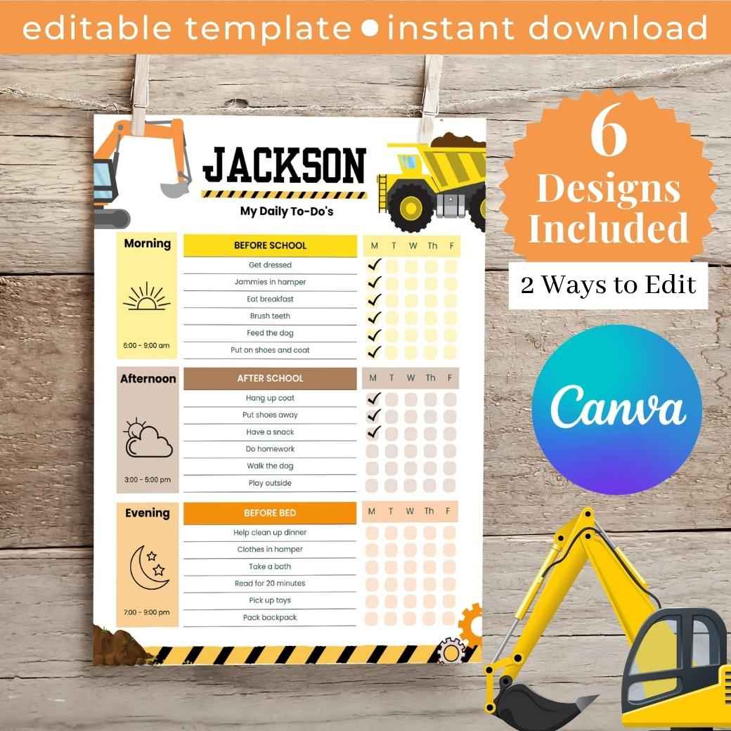 Construction Editable Daily Routine Checklist by Birchmark Designs