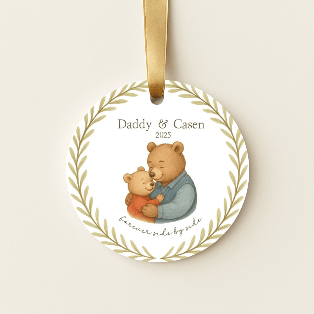 Personalized ceramic Christmas ornament with hugging bears, for dad and child