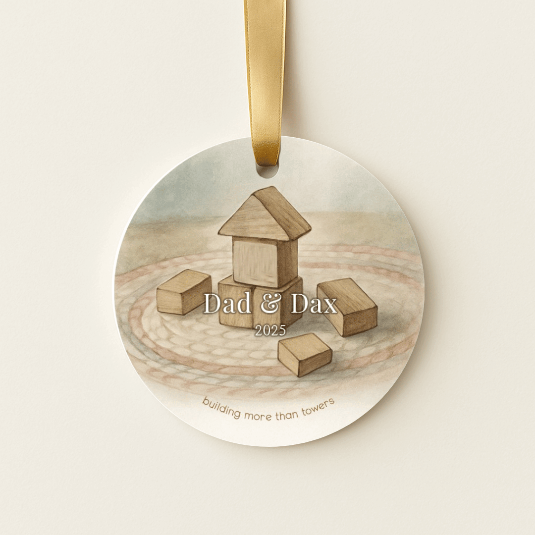 Personalized ceramic Christmas ornament with building blocks for dad and child