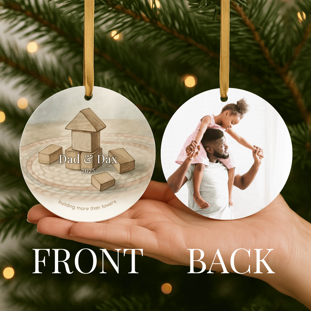 Personalized ceramic Christmas ornament with building blocks on one side and a photo on the back, for dad and child
