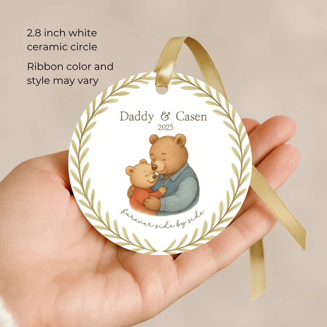 Personalized ceramic Christmas ornament with hugging bears, for dad and child