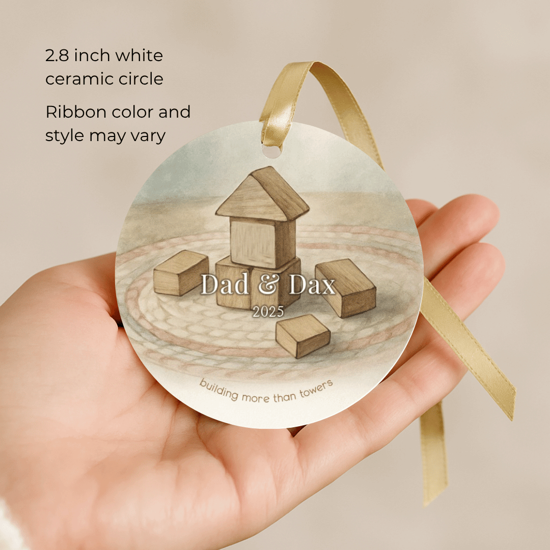 Personalized ceramic Christmas ornament with building blocks for dad and child