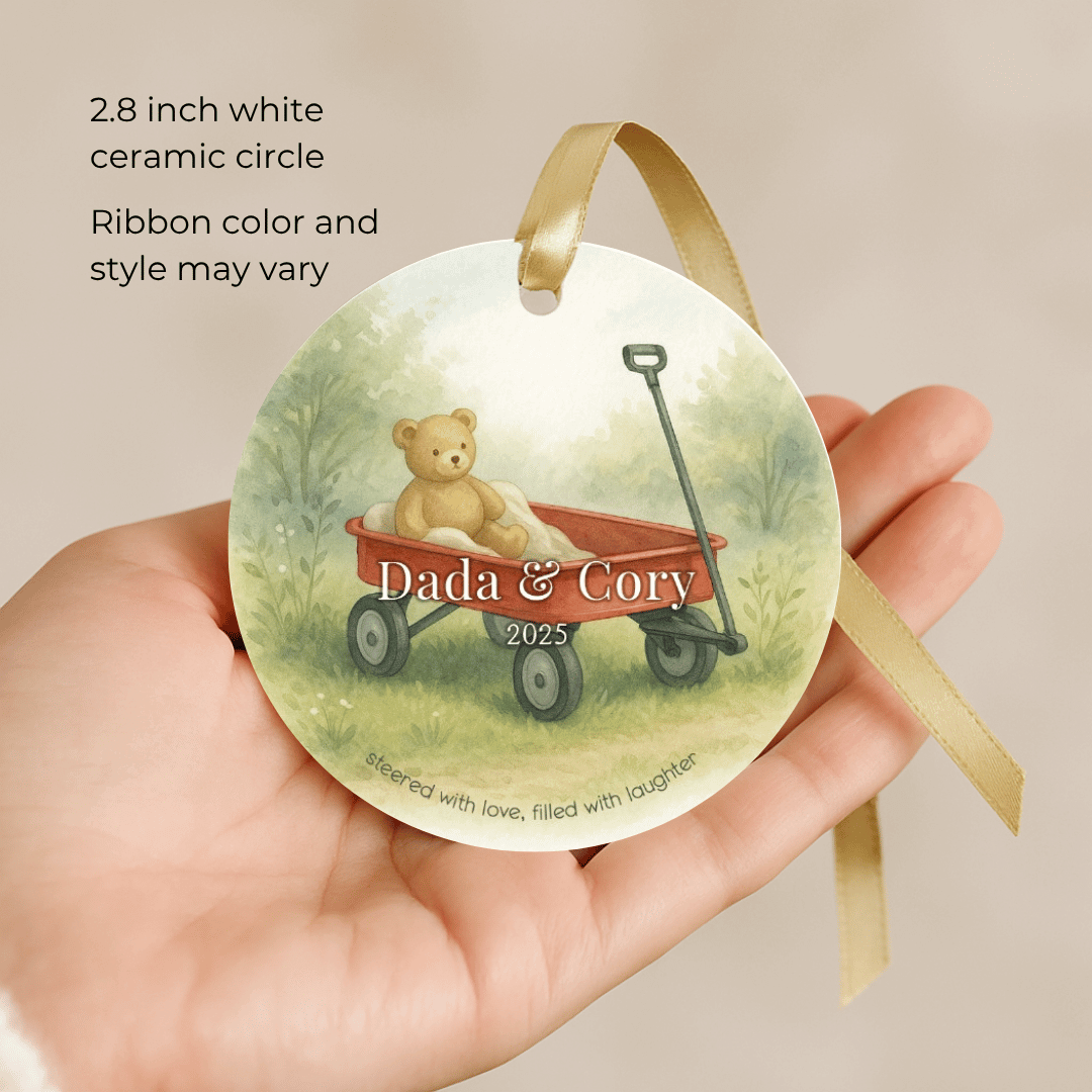 Round ceramic Christmas ornament for with a red wagon, personalized for a dad and child