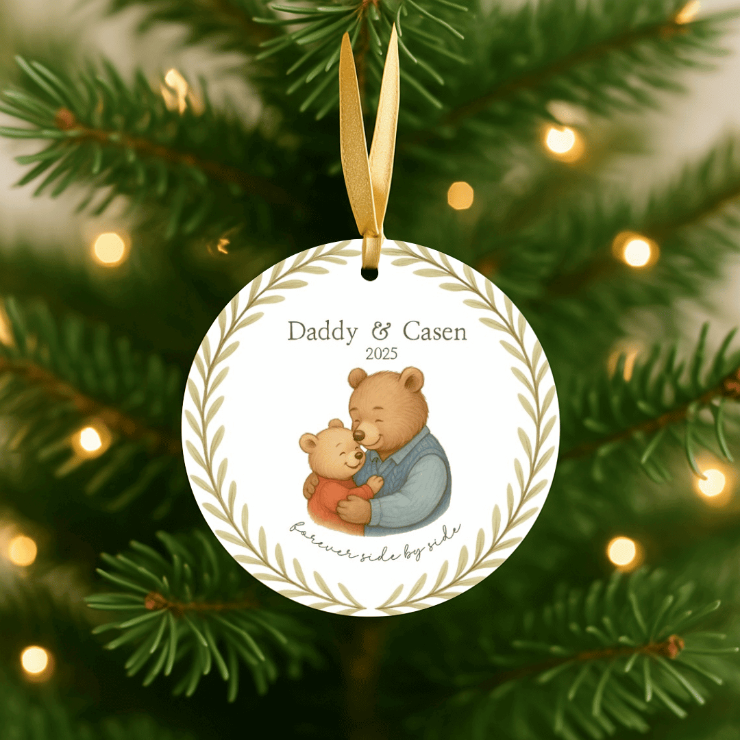 Personalized ceramic Christmas ornament with hugging bears, for dad and child, hanging on a Christmas tree