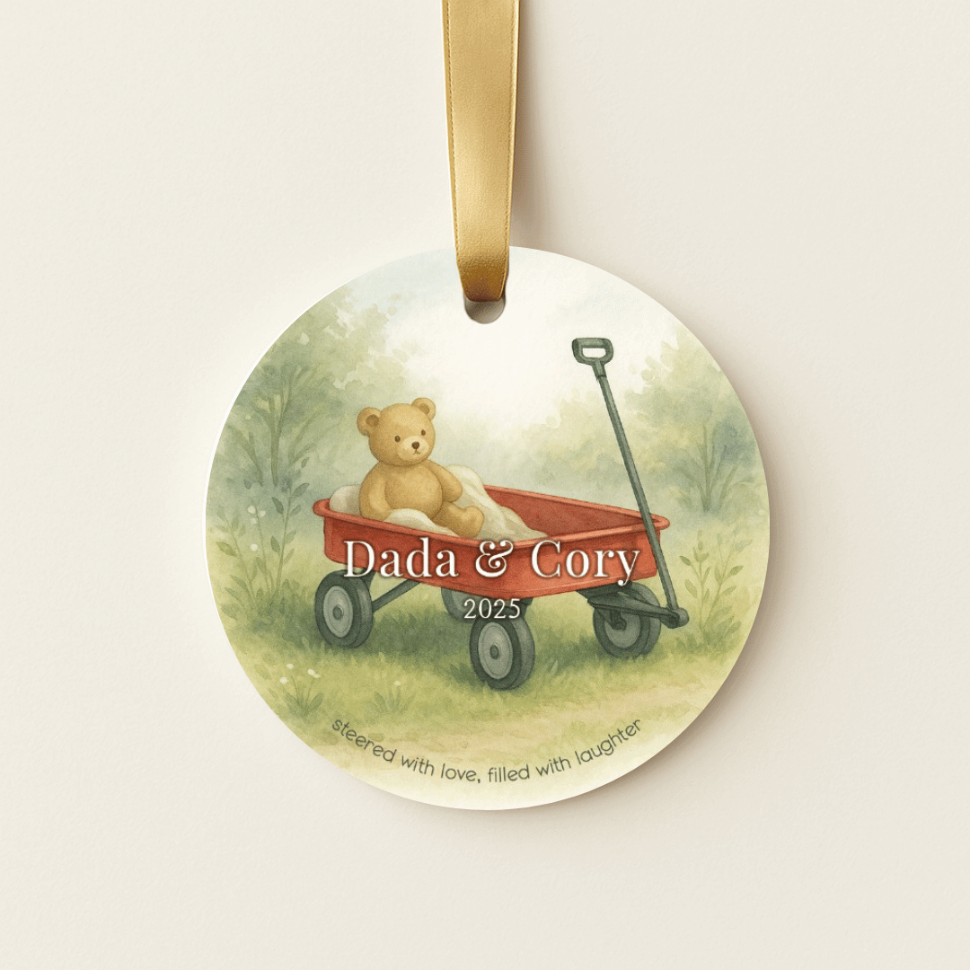 Round ceramic Christmas ornament for with a red wagon, personalized for a dad and child