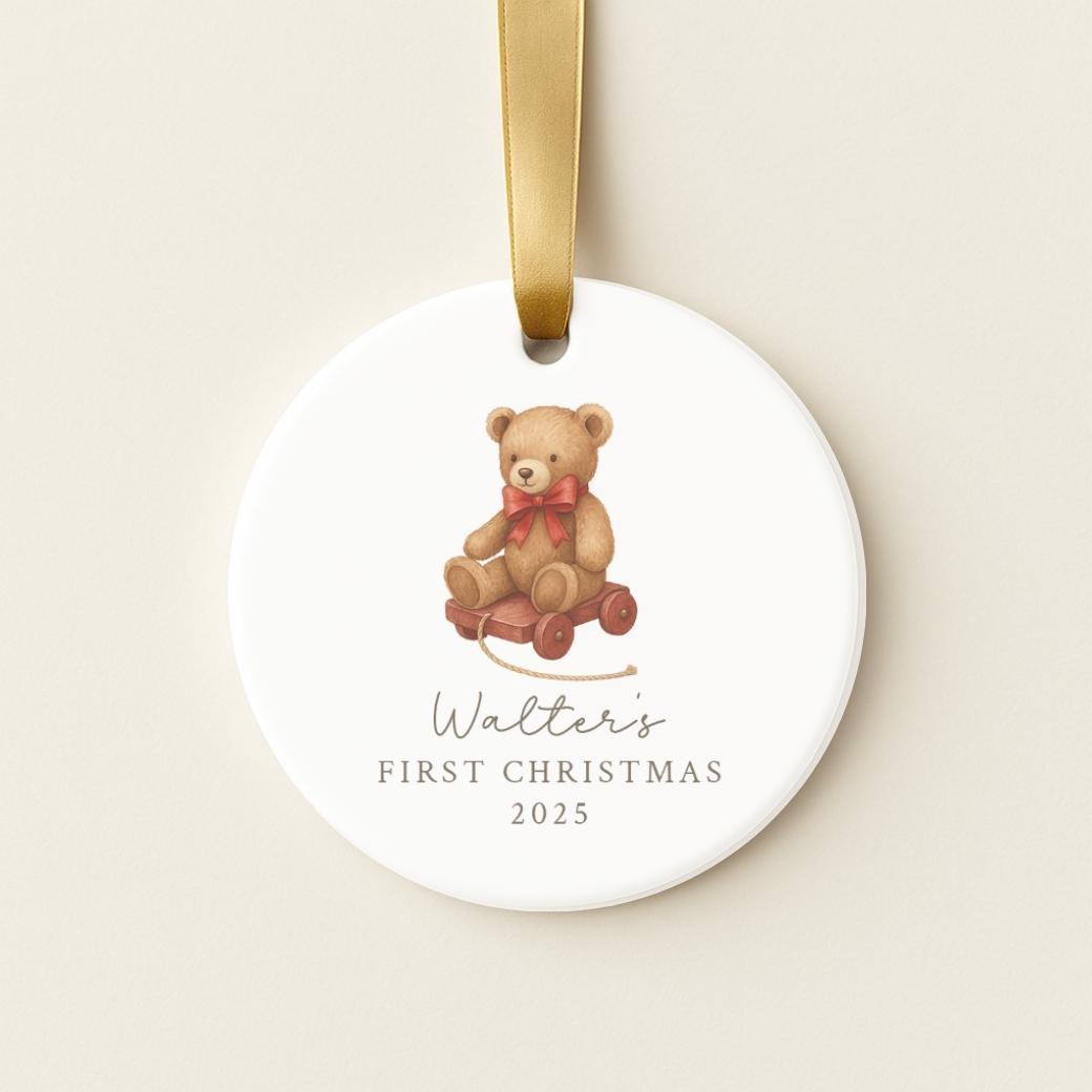 Round personalized ceramic ornament with a bear pull toy for baby&