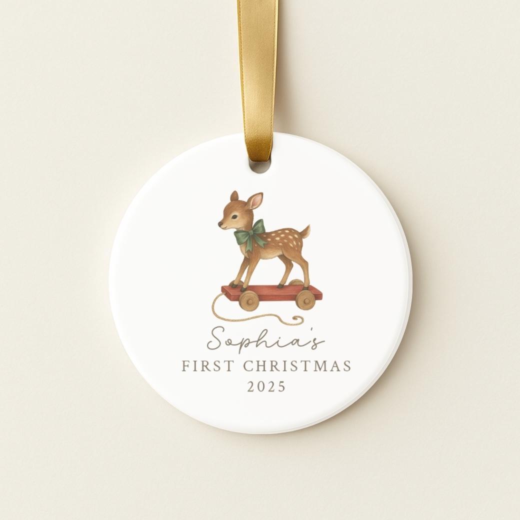 Round personalized ceramic ornament with a deer pull toy for baby&