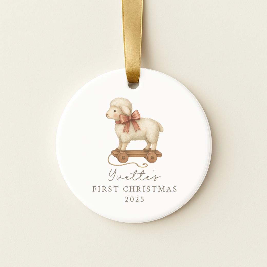 Round personalized ceramic ornament with a lamb pull toy for baby&