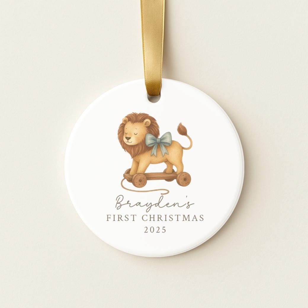 Round personalized ceramic ornament with a lion pull toy for baby&