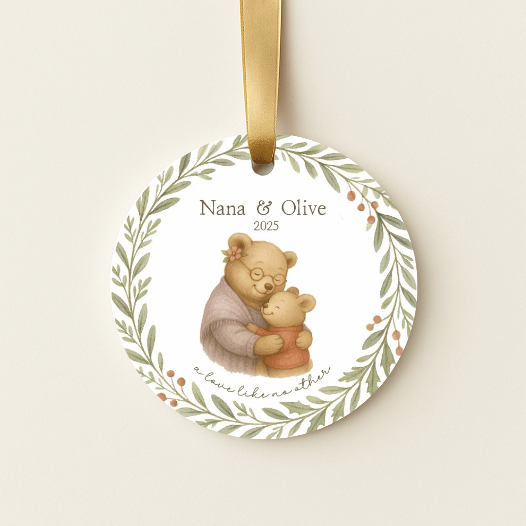 Personalized ceramic Christmas ornament with hugging bears, for grandmas and a grandchild