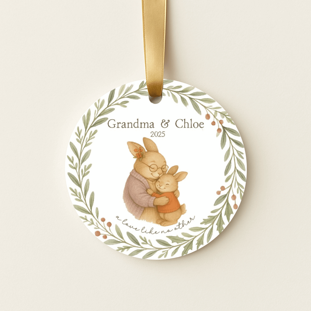 Personalized ceramic Christmas ornament with hugging bunnies, for grandmas and a grandchild