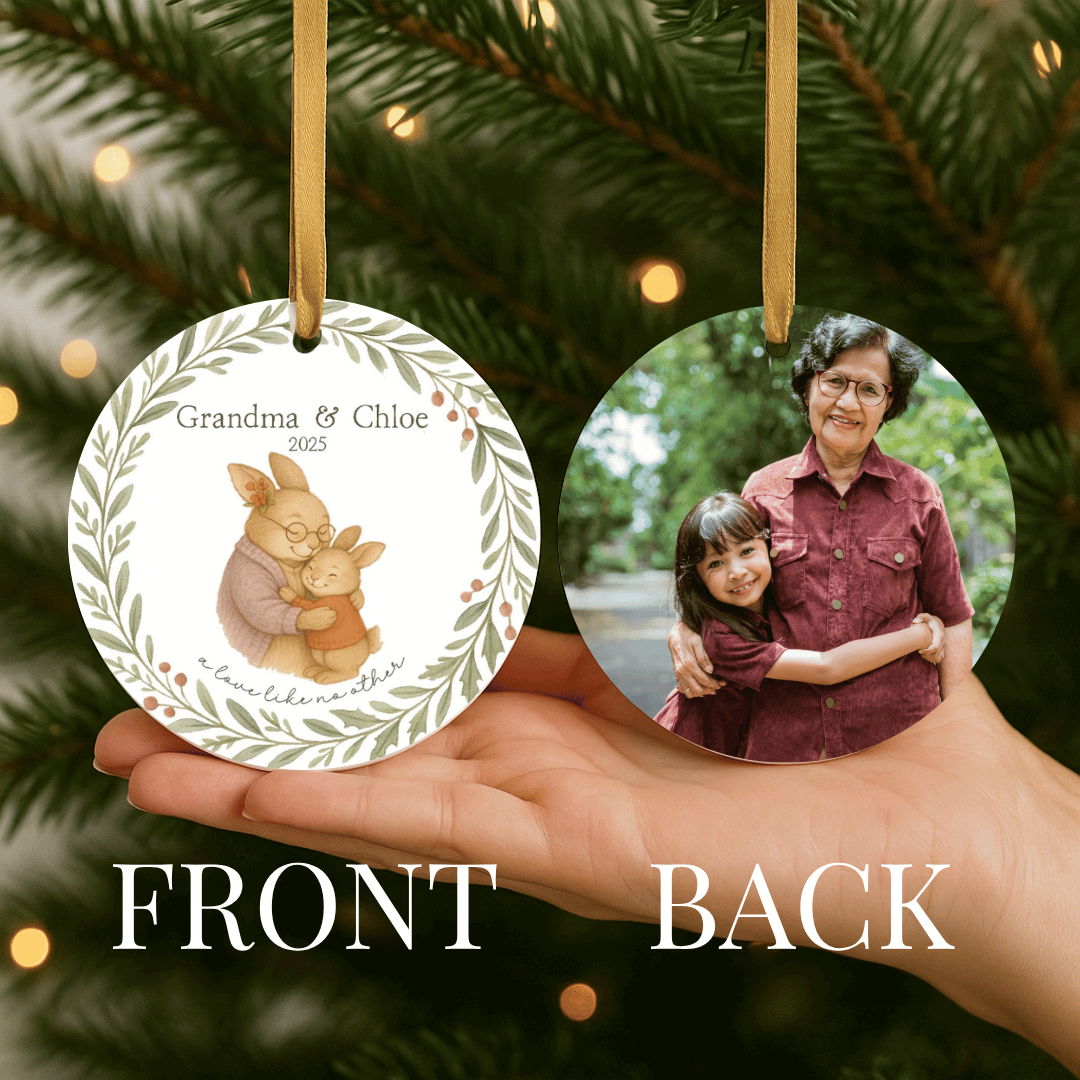 Personalized ceramic Christmas ornament with hugging bunnies on one side and a photo on the back, for grandmas and a grandchild