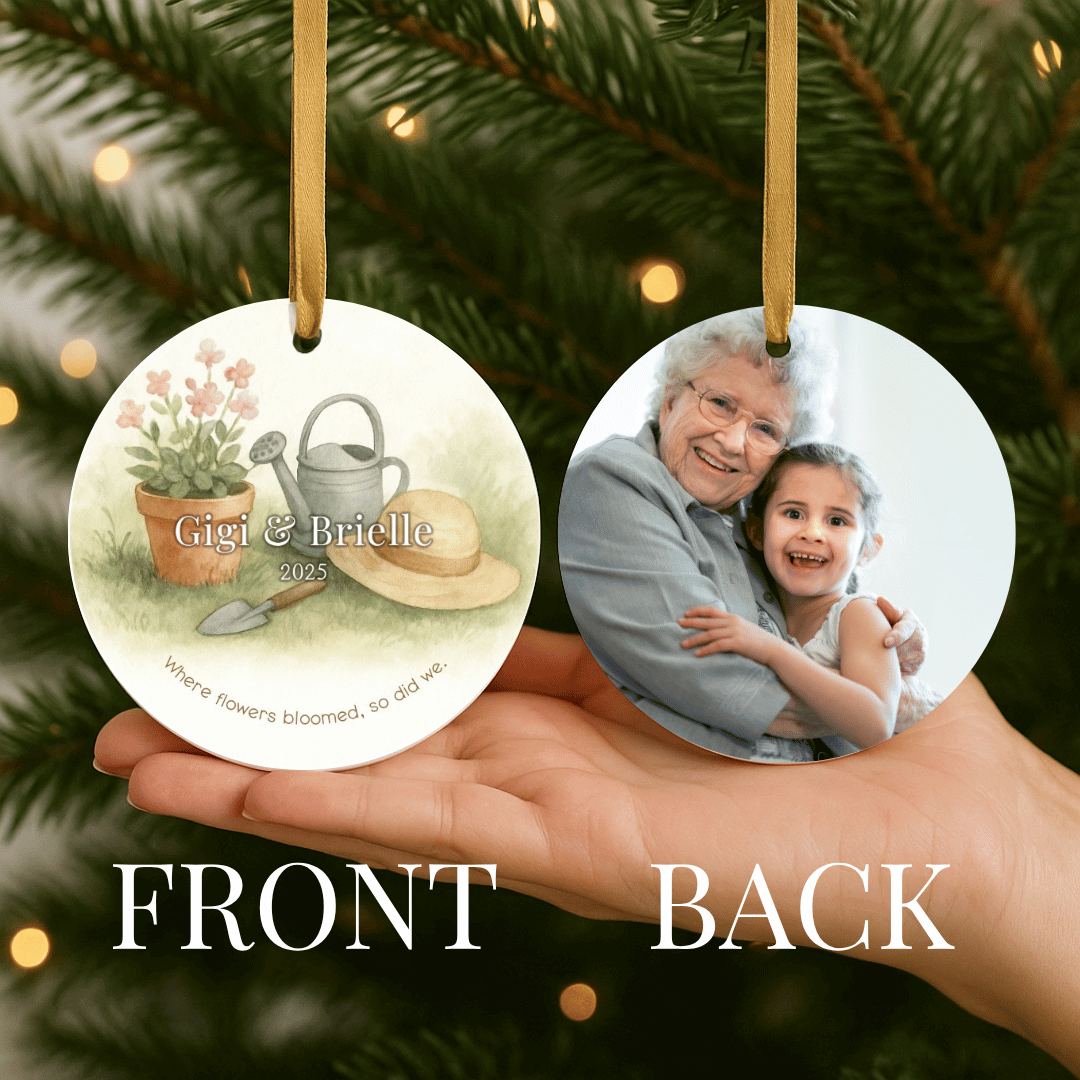 Personalized ceramic Christmas ornament with a gardening themed design on one side and a photo on the other, for grandma and a grandchild