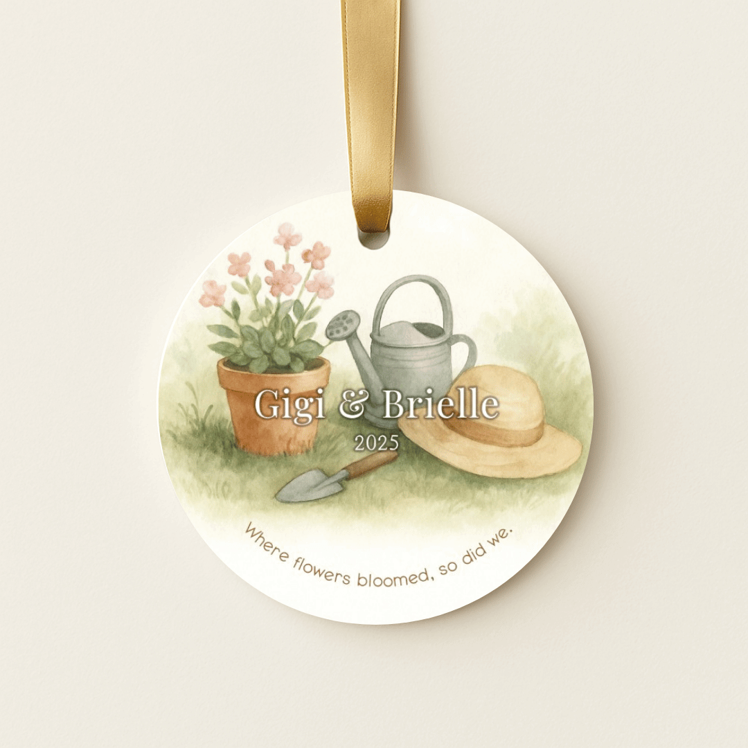 Personalized ceramic Christmas ornament with a gardening themed design for grandma and a grandchild