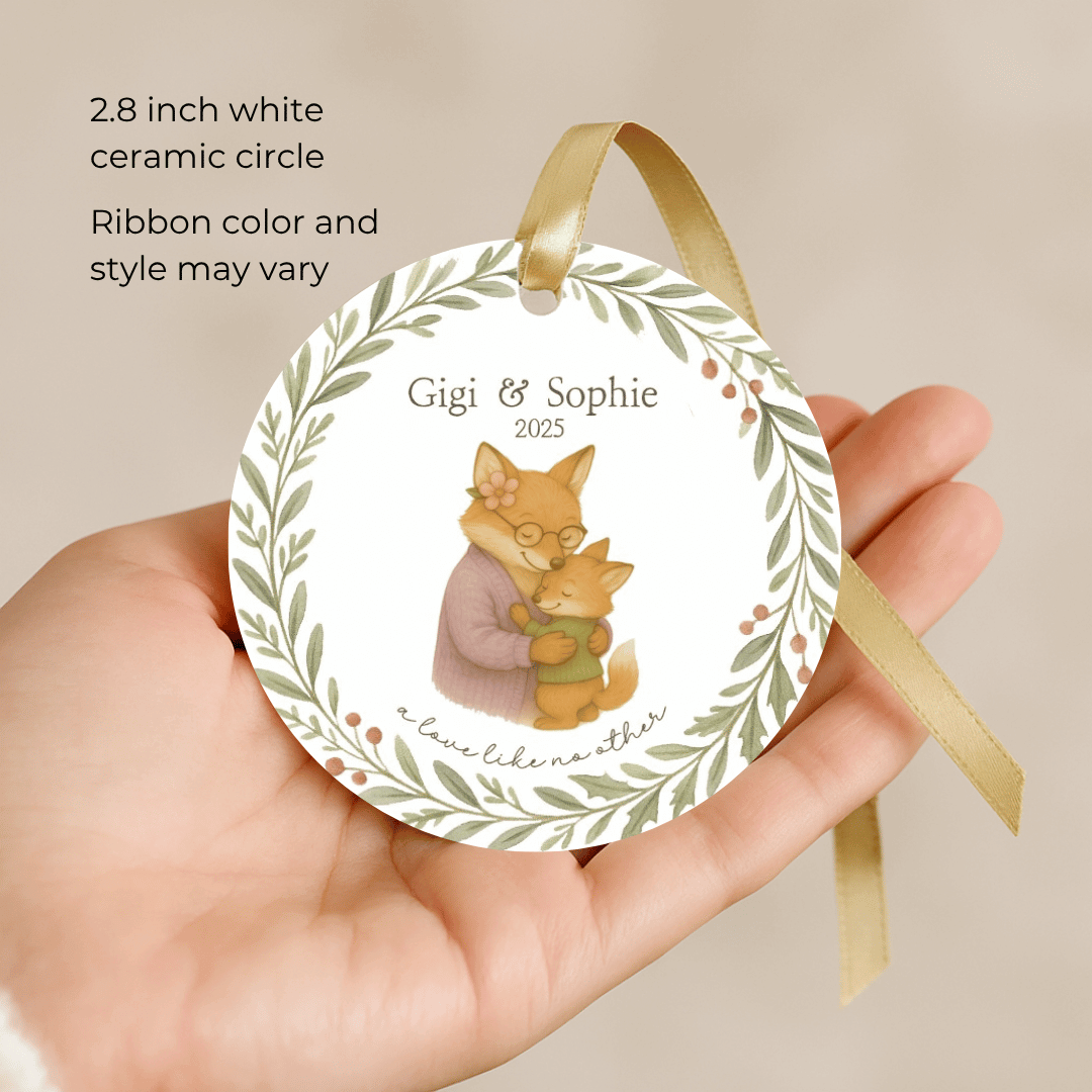 Personalized ceramic Christmas ornament with hugging foxs, for grandmas and a grandchild