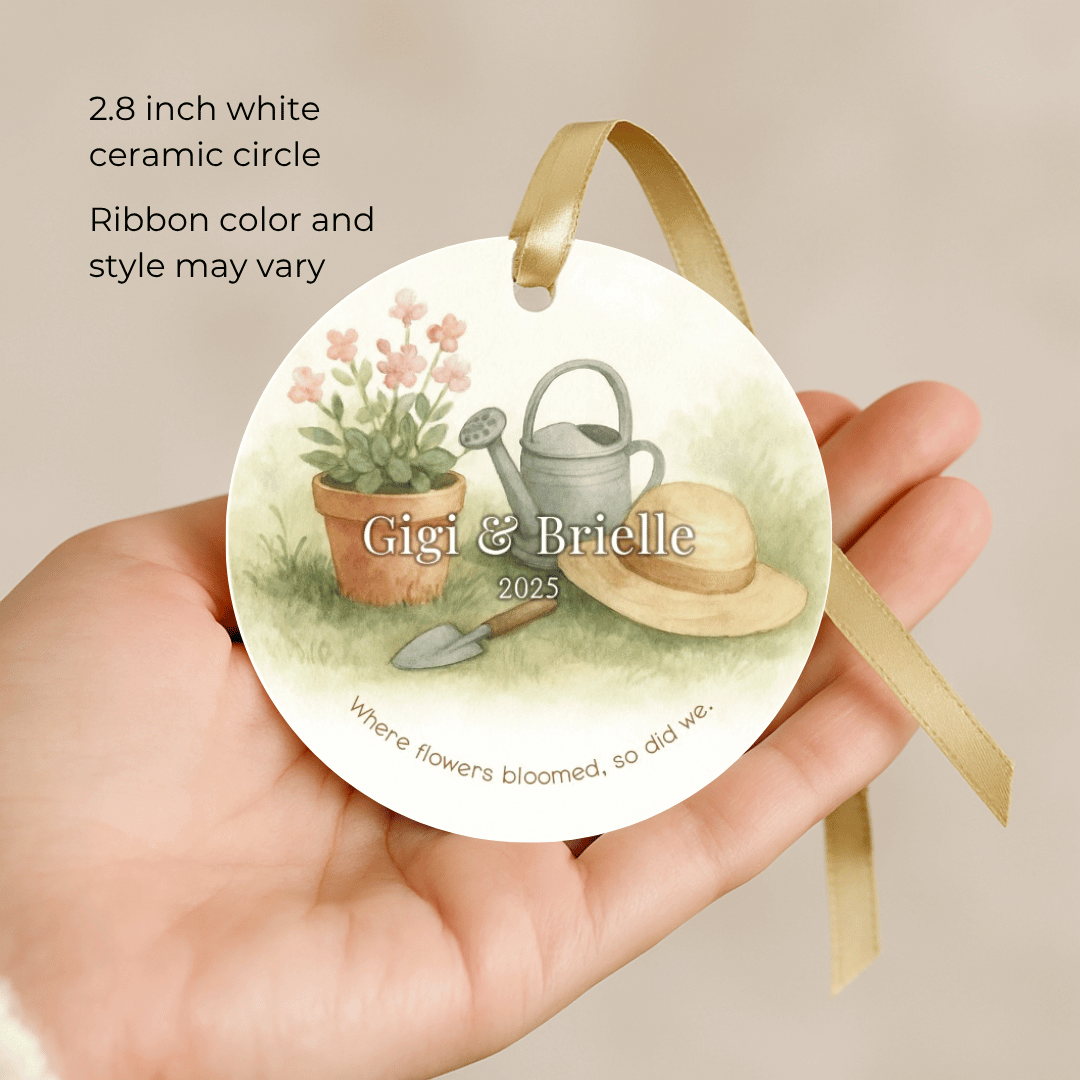 Personalized ceramic Christmas ornament with a gardening themed design for grandma and a grandchild