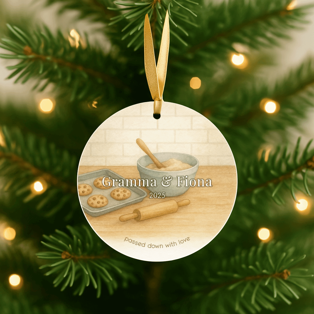 Personalized ceramic Christmas ornament with baking illustration, for grandmas and a grandchild, hanging on a tree