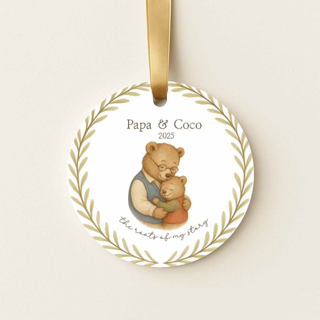 Personalized ceramic Christmas ornament with hugging bears, for grandpa and a grandchild