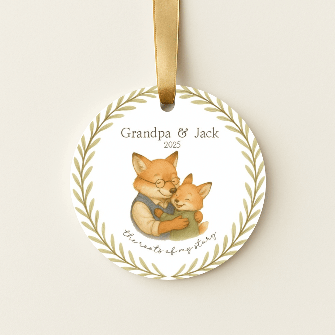 Personalized ceramic Christmas ornament with hugging foxes, for grandpa and a grandchild