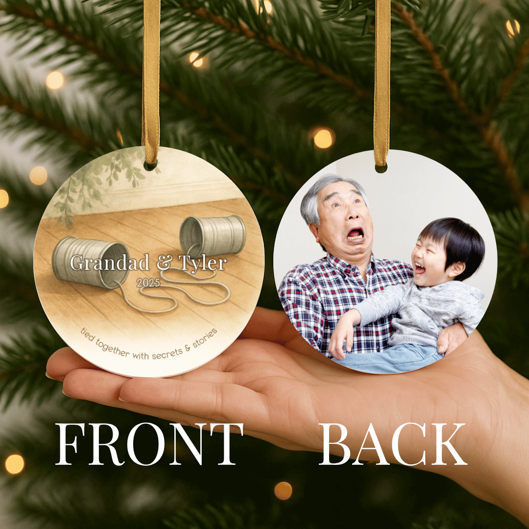 Personalized ceramic Christmas ornament with tin can phones on one side and a photo on the other, for grandpa and a grandchild