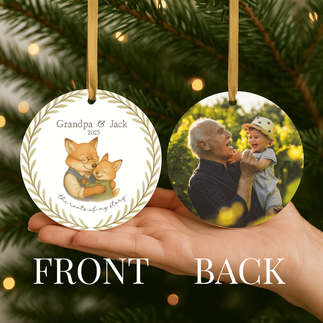 Personalized ceramic Christmas ornament with hugging foxes on one side and a photo on the other, for grandpa and a grandchild