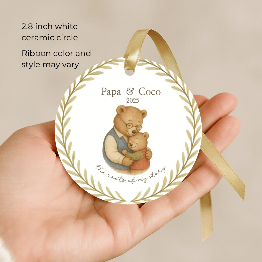 Personalized ceramic Christmas ornament with hugging bears, for grandpa and a grandchild