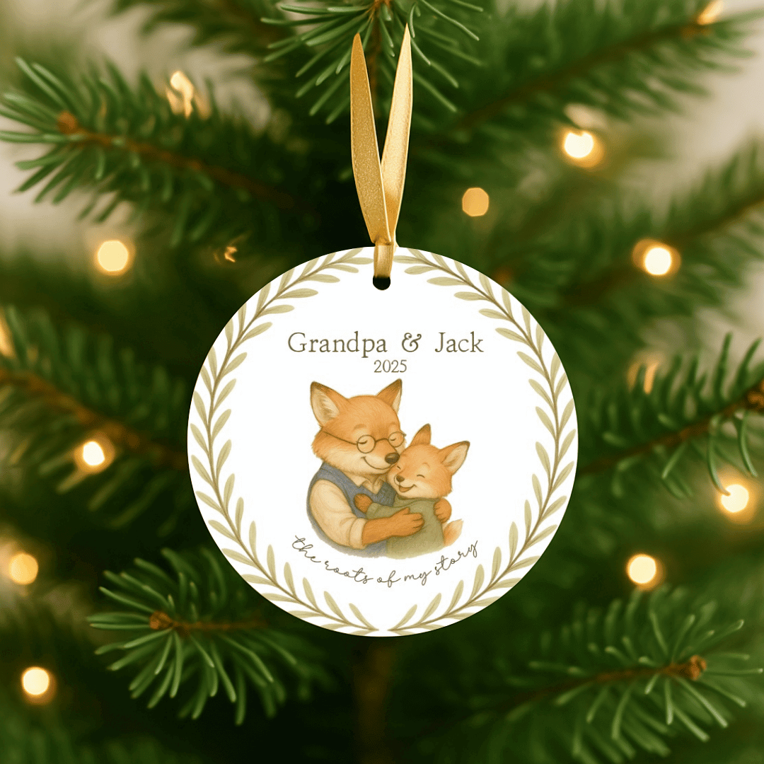 Personalized Christmas ornament with fox design on a tree, for grandpas and a grandchild