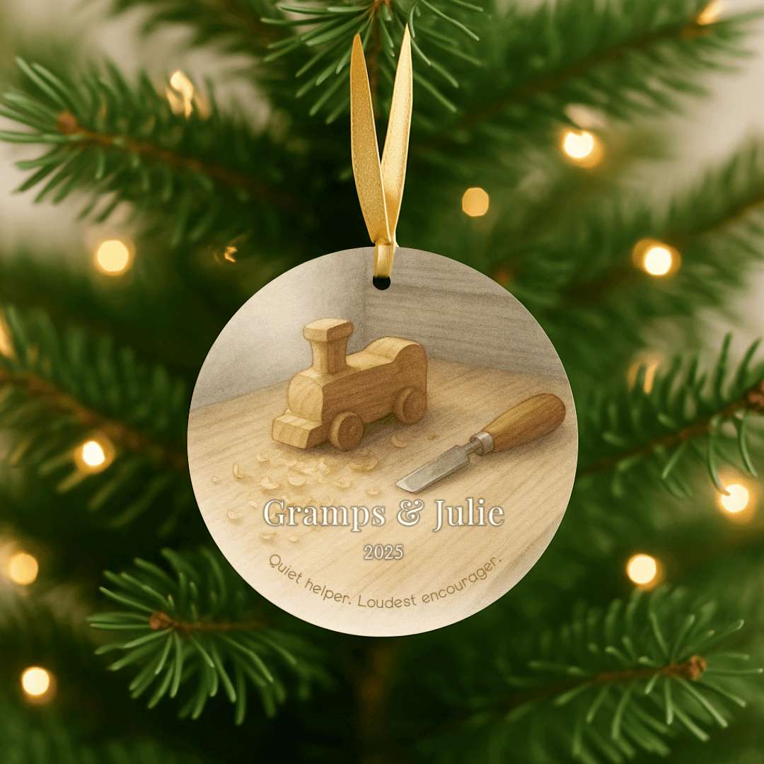 Personalized ceramic Christmas ornament with a toy wooden train and chisel for grandpa and a grandchild