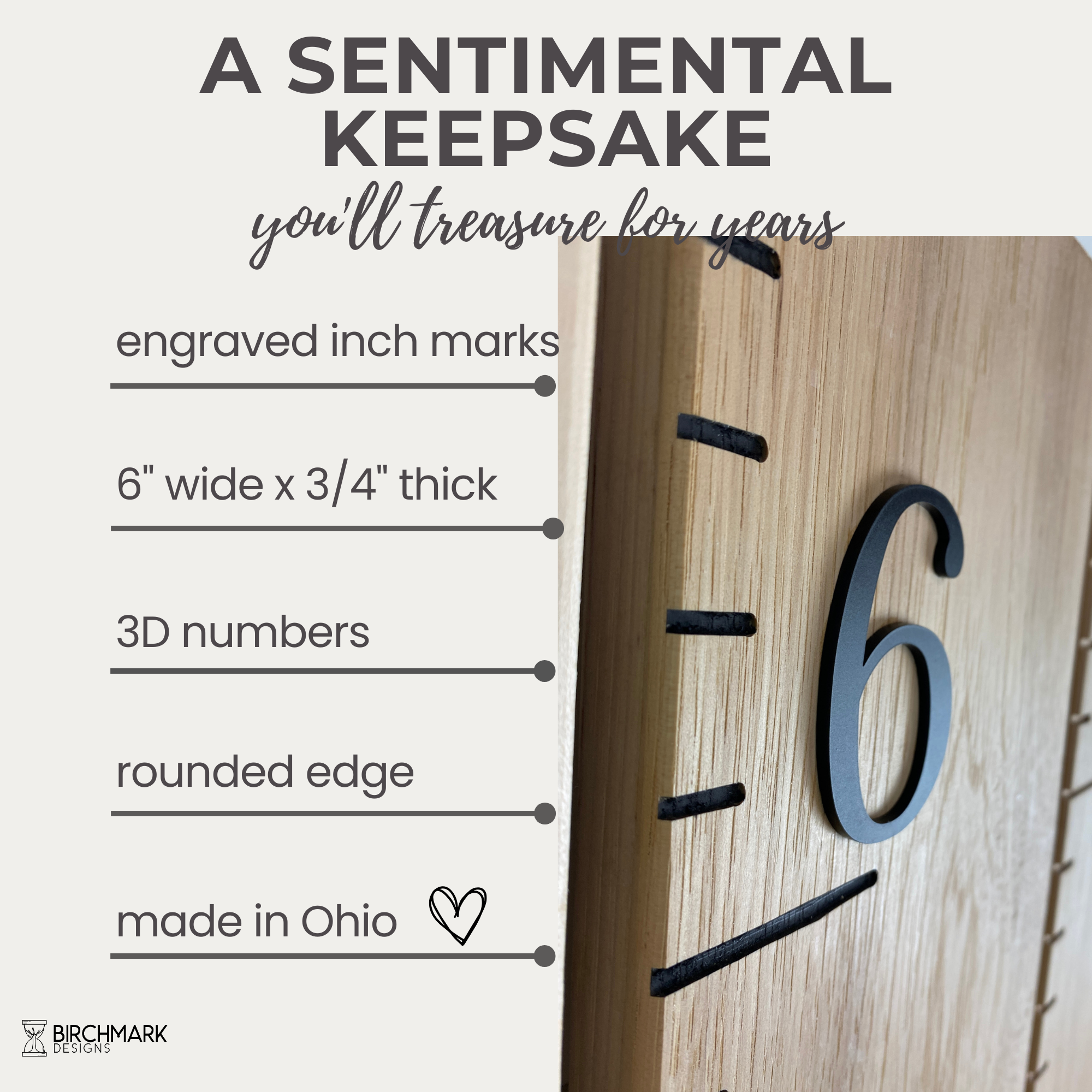 Solid hickory and black growth chart ruler details