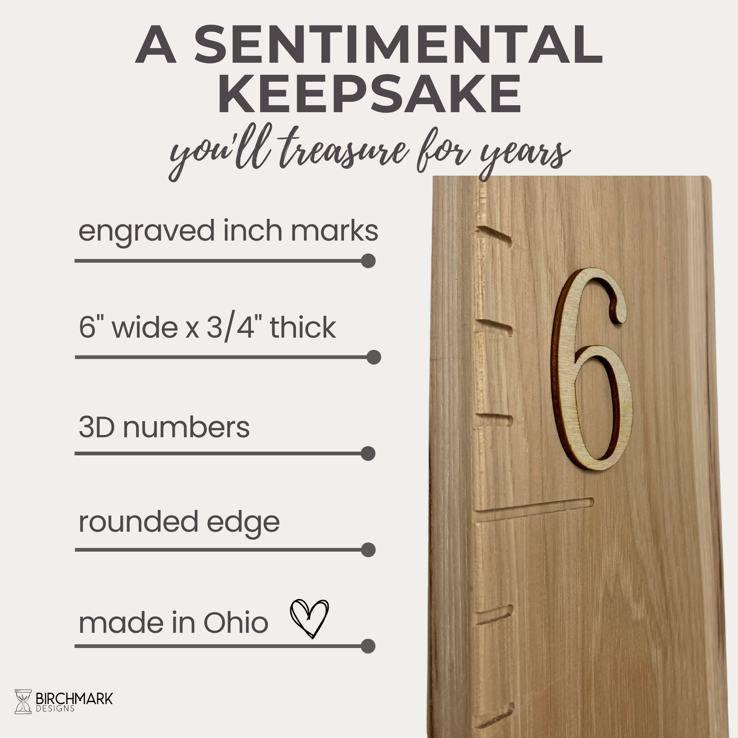 Solid hickory natural growth chart ruler details