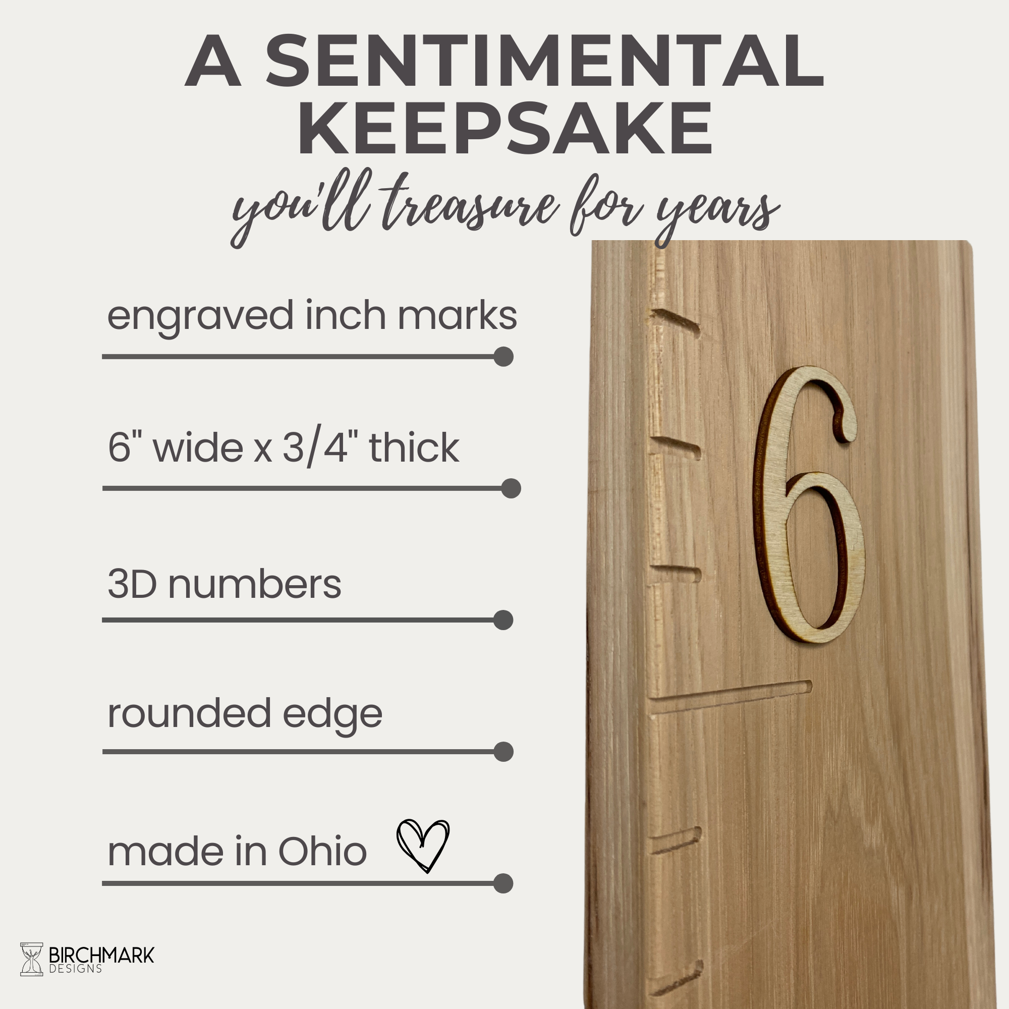 Solid hickory natural growth chart ruler details