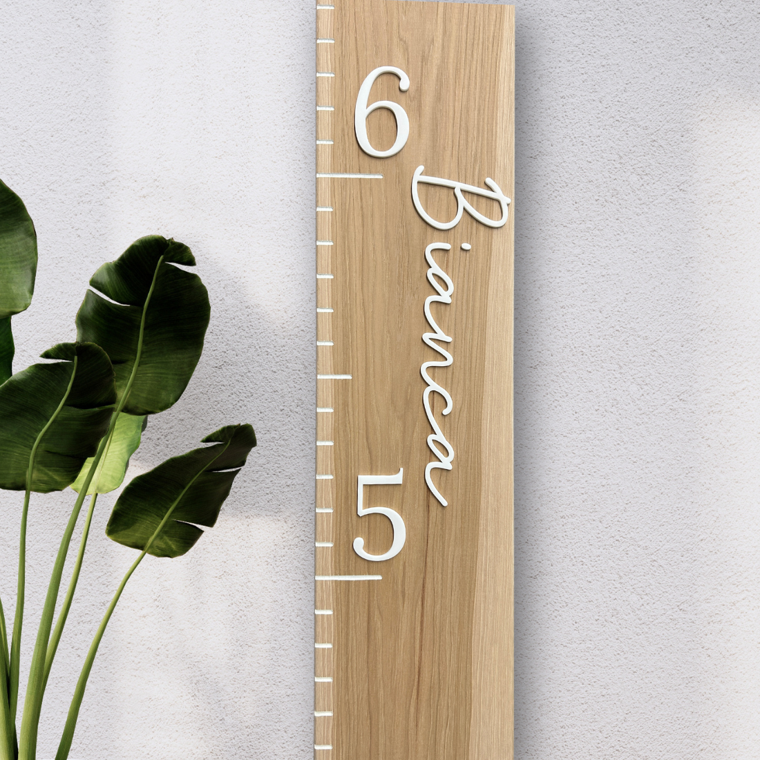 Solid hardwood growth chart ruler with white personalization