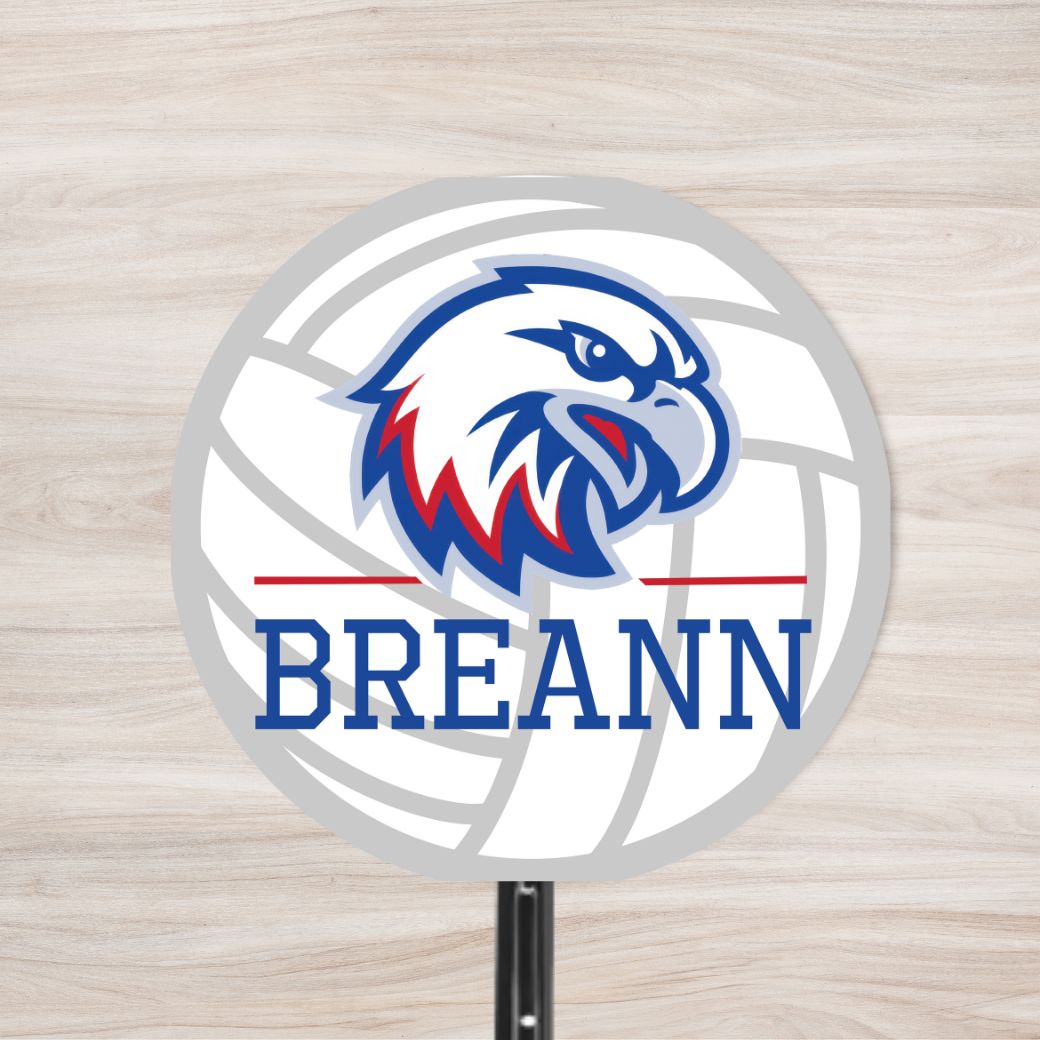 Circular wooden sign with an eagle logo, personalized, with a volleyball background