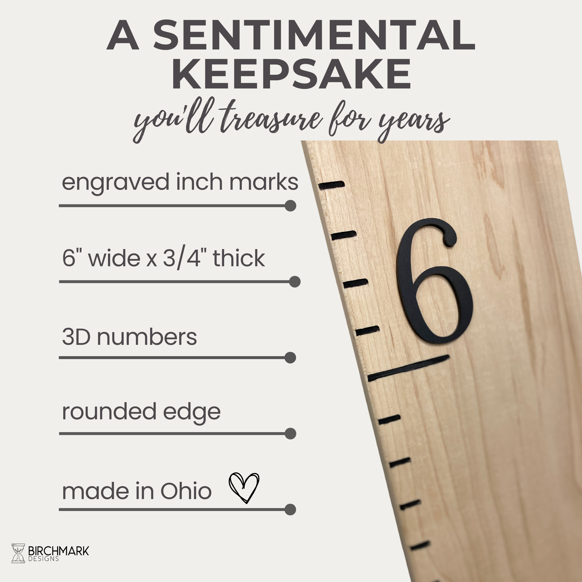 Solid maple growth chart ruler details