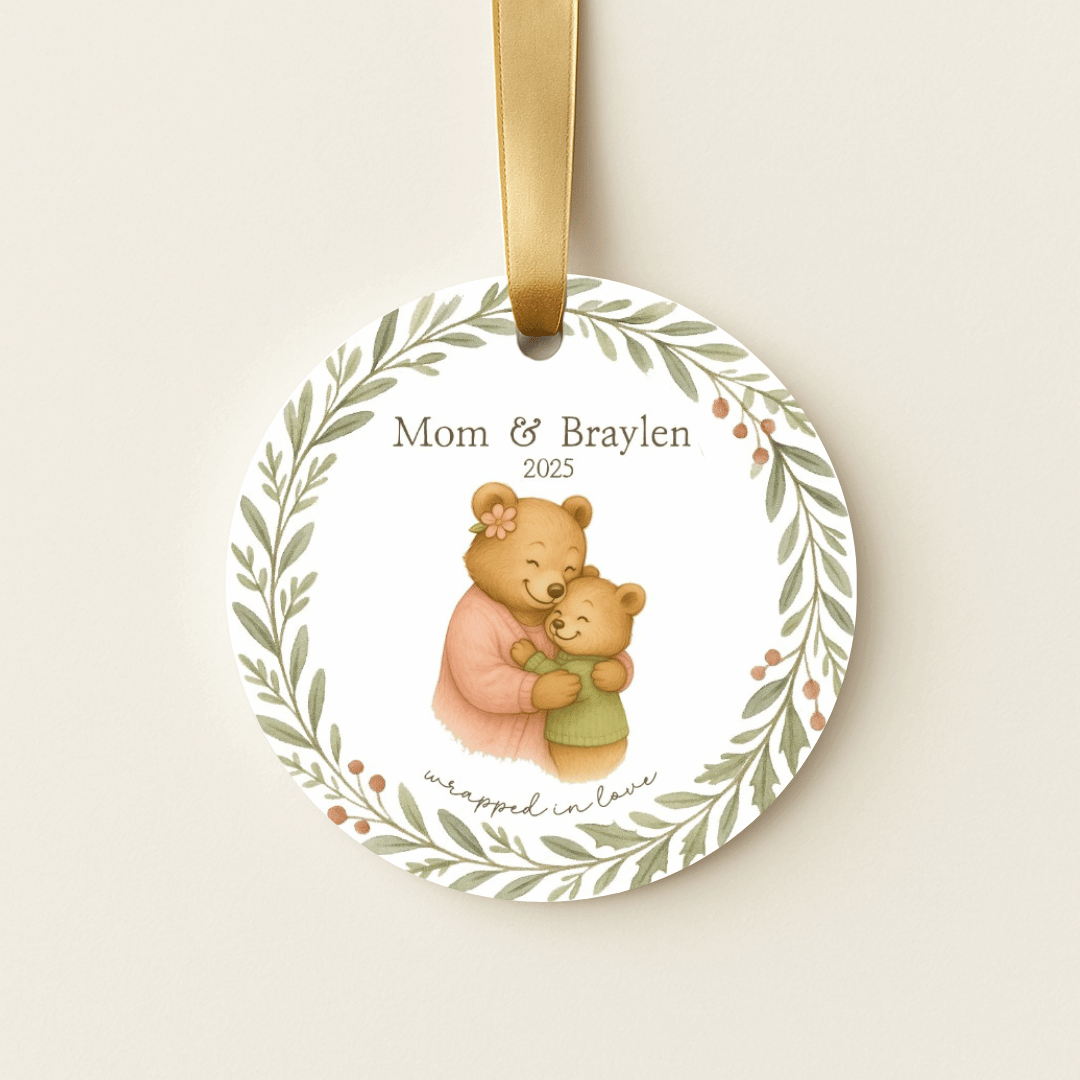 Personalized ceramic Christmas ornament with hugging bears, for moms and a child