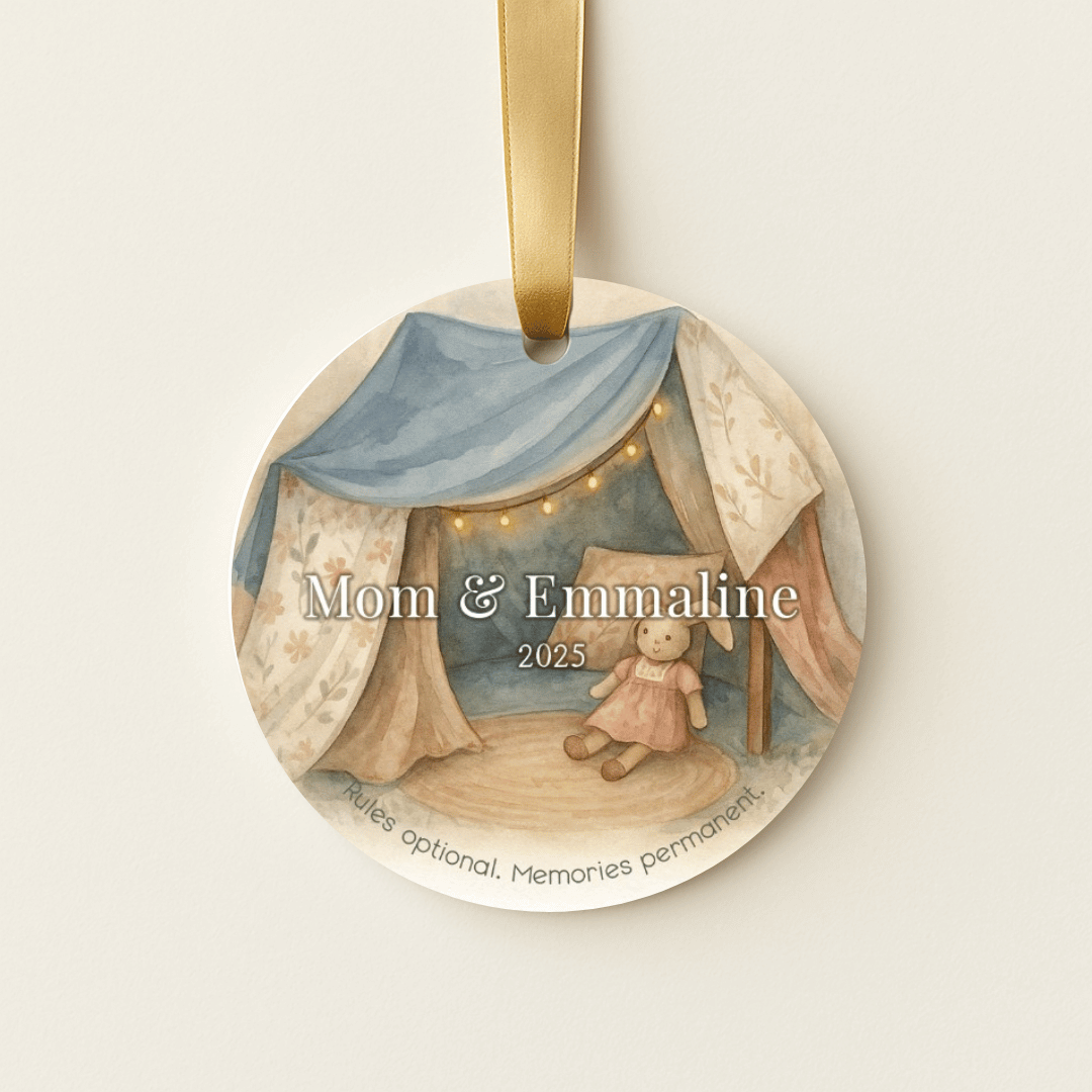 Personalized ceramic Christmas ornament with a blanket fort, for mom and a child