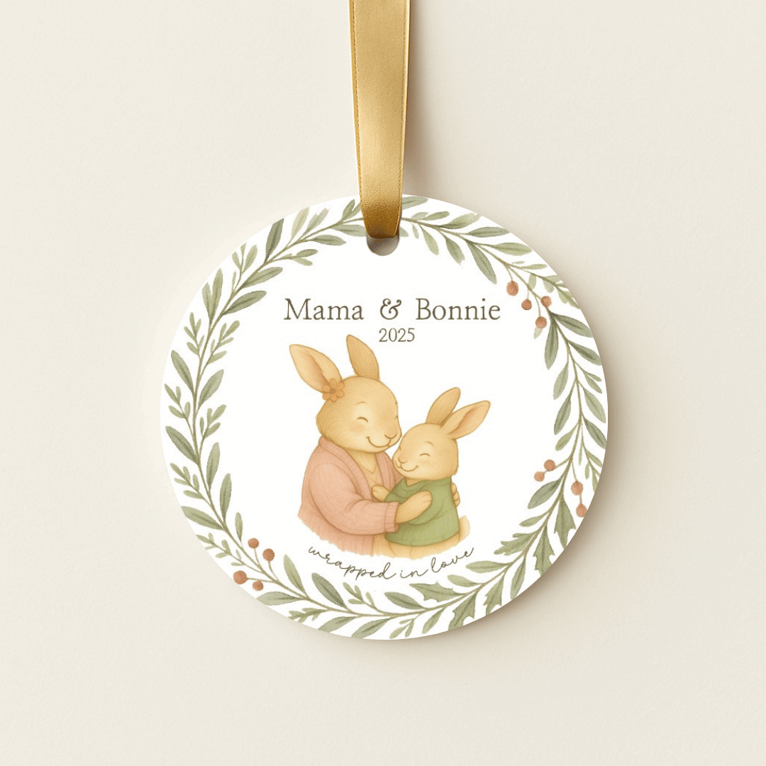 Personalized ceramic Christmas ornament with hugging bunnies, for moms and a child