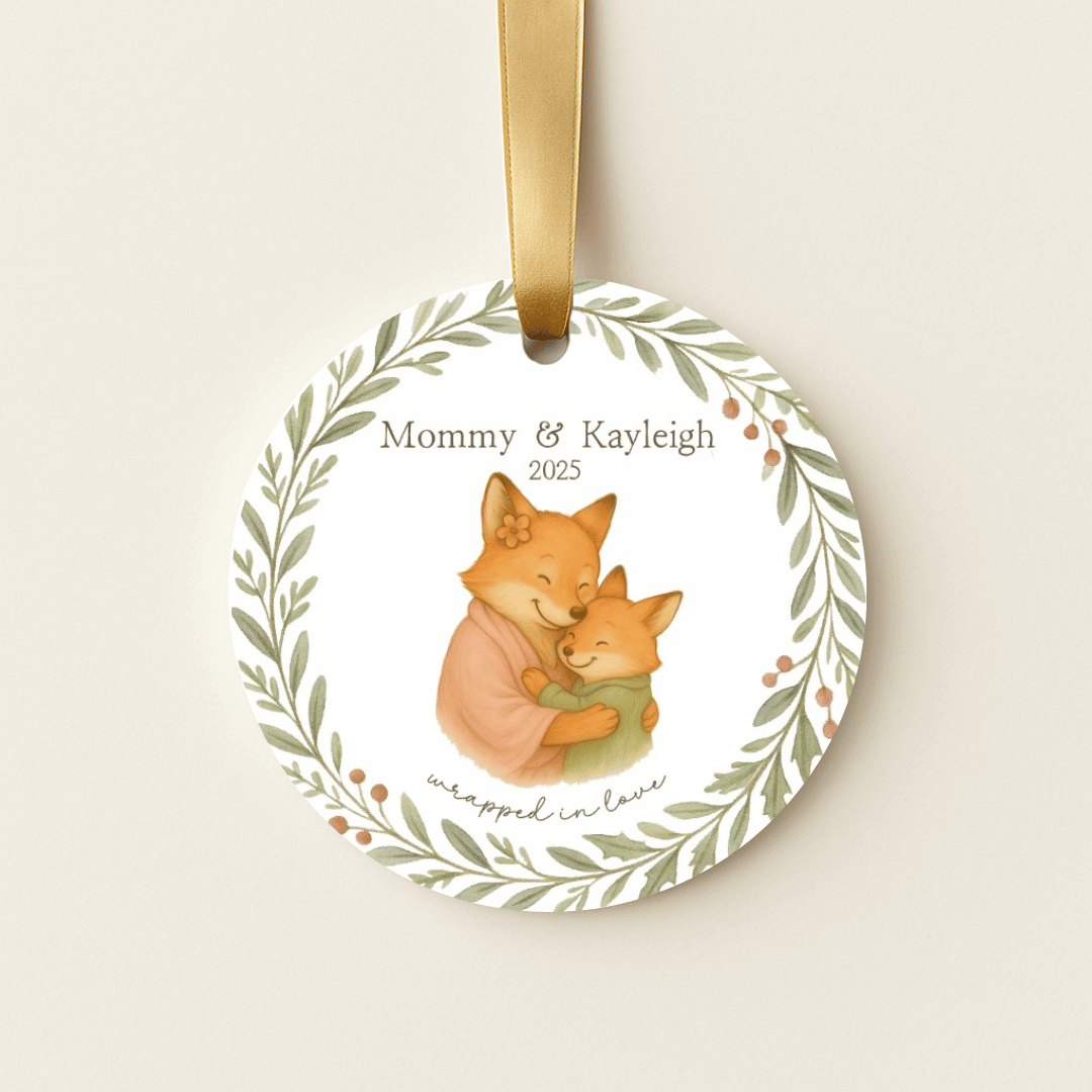 Personalized ceramic Christmas ornament with hugging foxes, for moms and a child