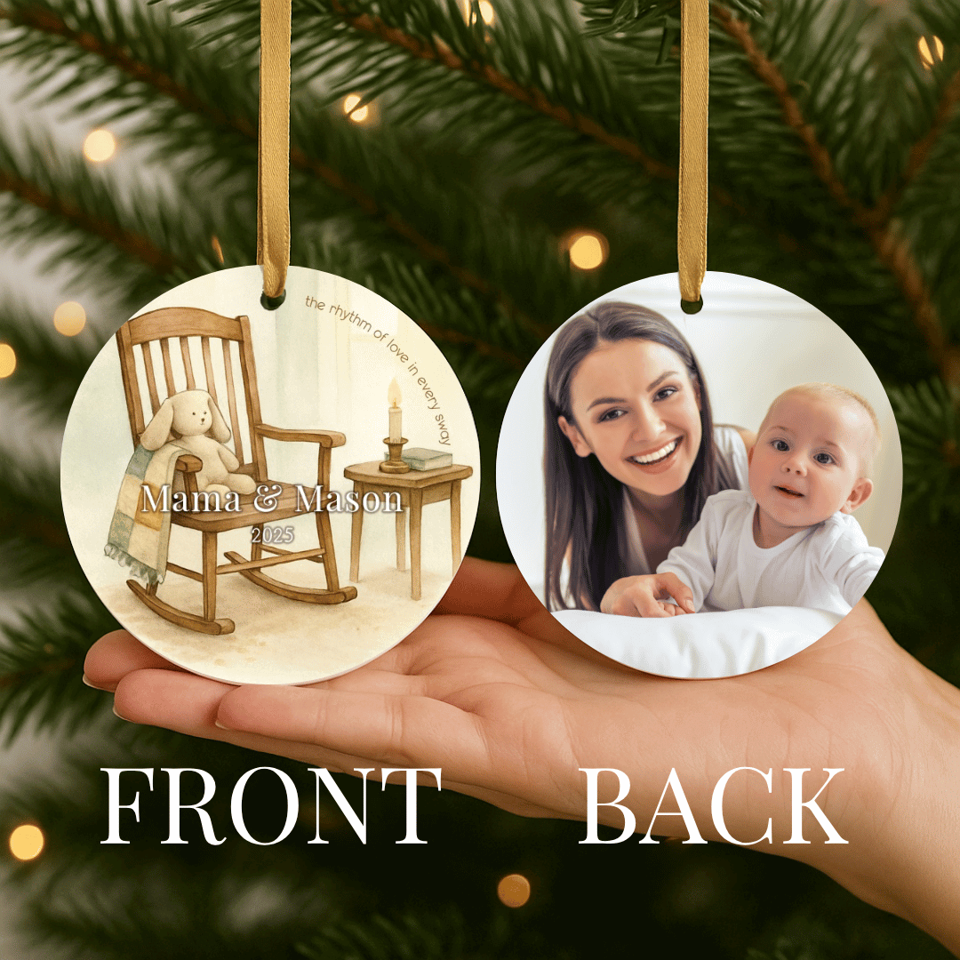 Personalized ceramic Christmas ornament with a rocking chair on the front, and a photo on the back, for mom and a child
