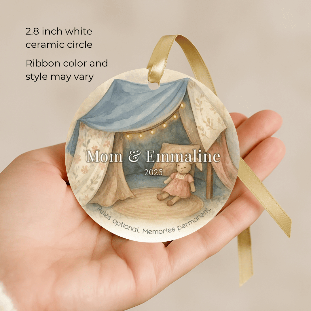 Personalized ceramic Christmas ornament with a blanket fort, for mom and a child
