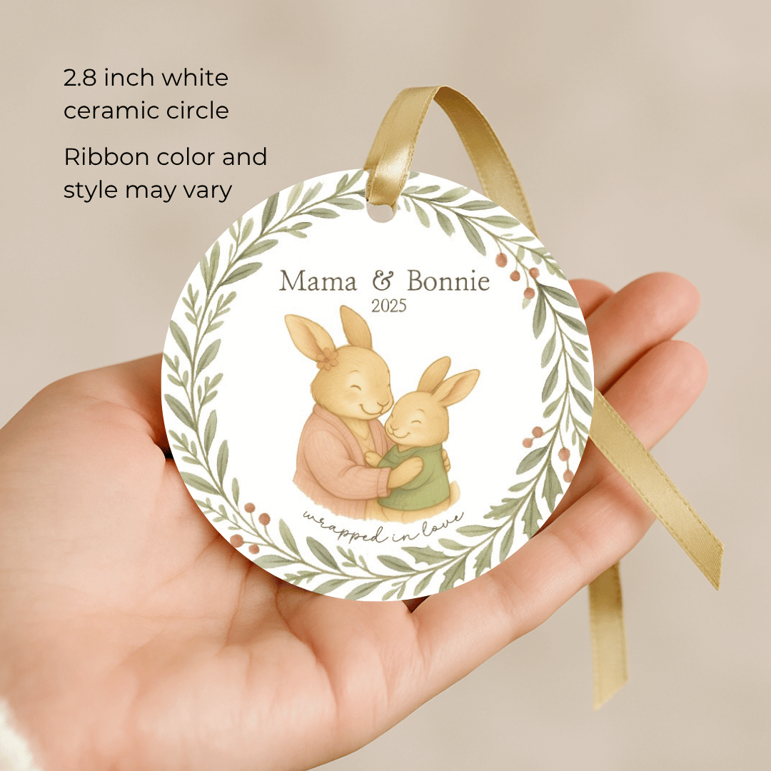 Personalized ceramic Christmas ornament with hugging bunnies, for moms and a child