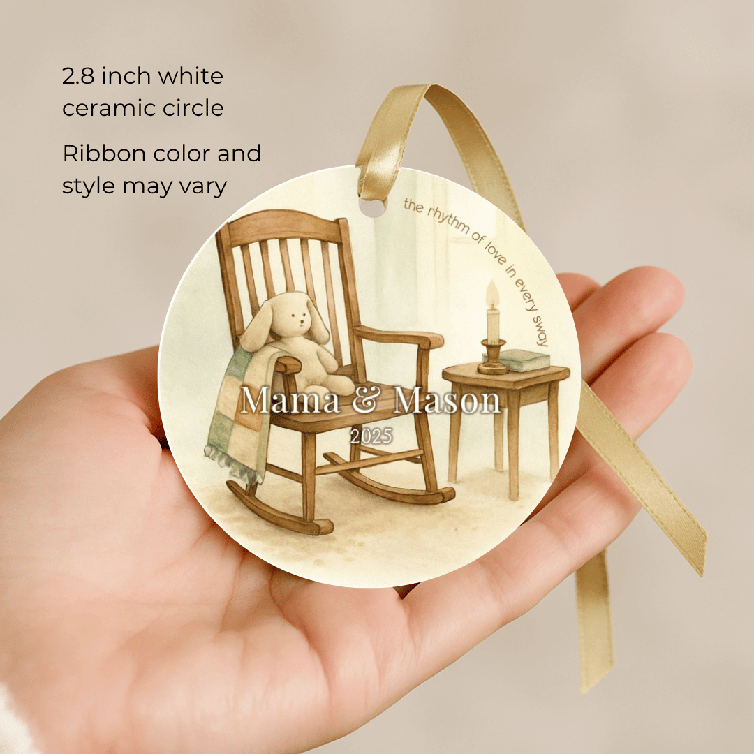 Personalized ceramic Christmas ornament with a rocking chair, for mom and a child