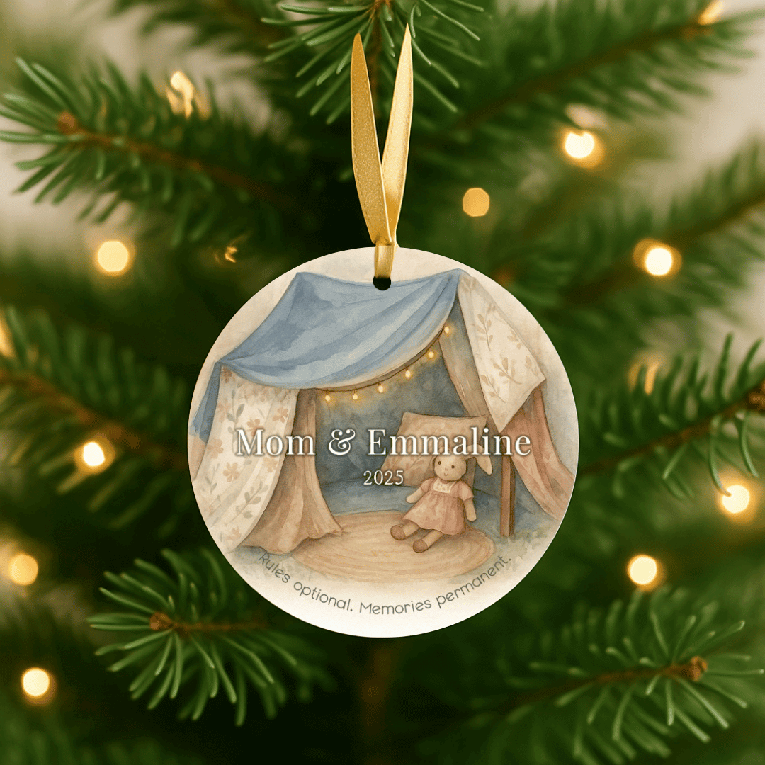 Personalized ceramic Christmas ornament with a blanket fort, for mom and a child, hanging on a Christmas tree