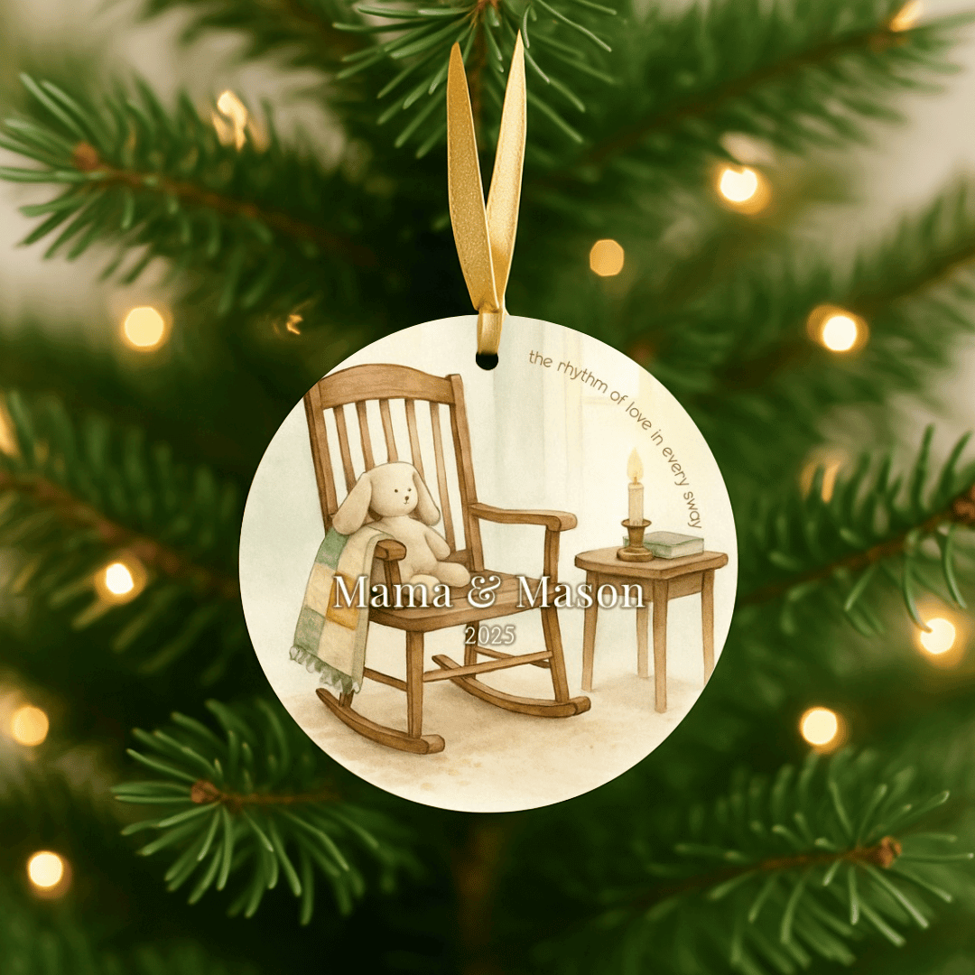 Personalized ceramic Christmas ornament with a rocking chair, for mom and a child, hanging on a Christmas tree