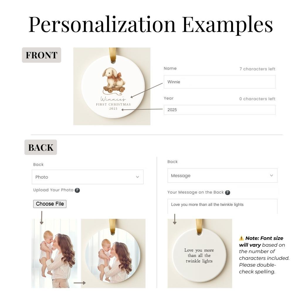 Ornament customization interface with text and images of a baby and bunny pull toy