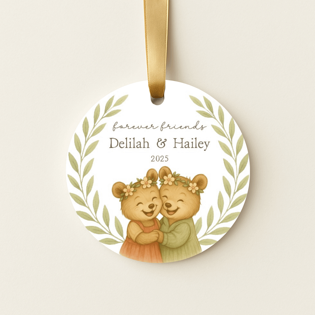 Personalized ceramic Christmas ornament with hugging bears, for sisters or young girls
