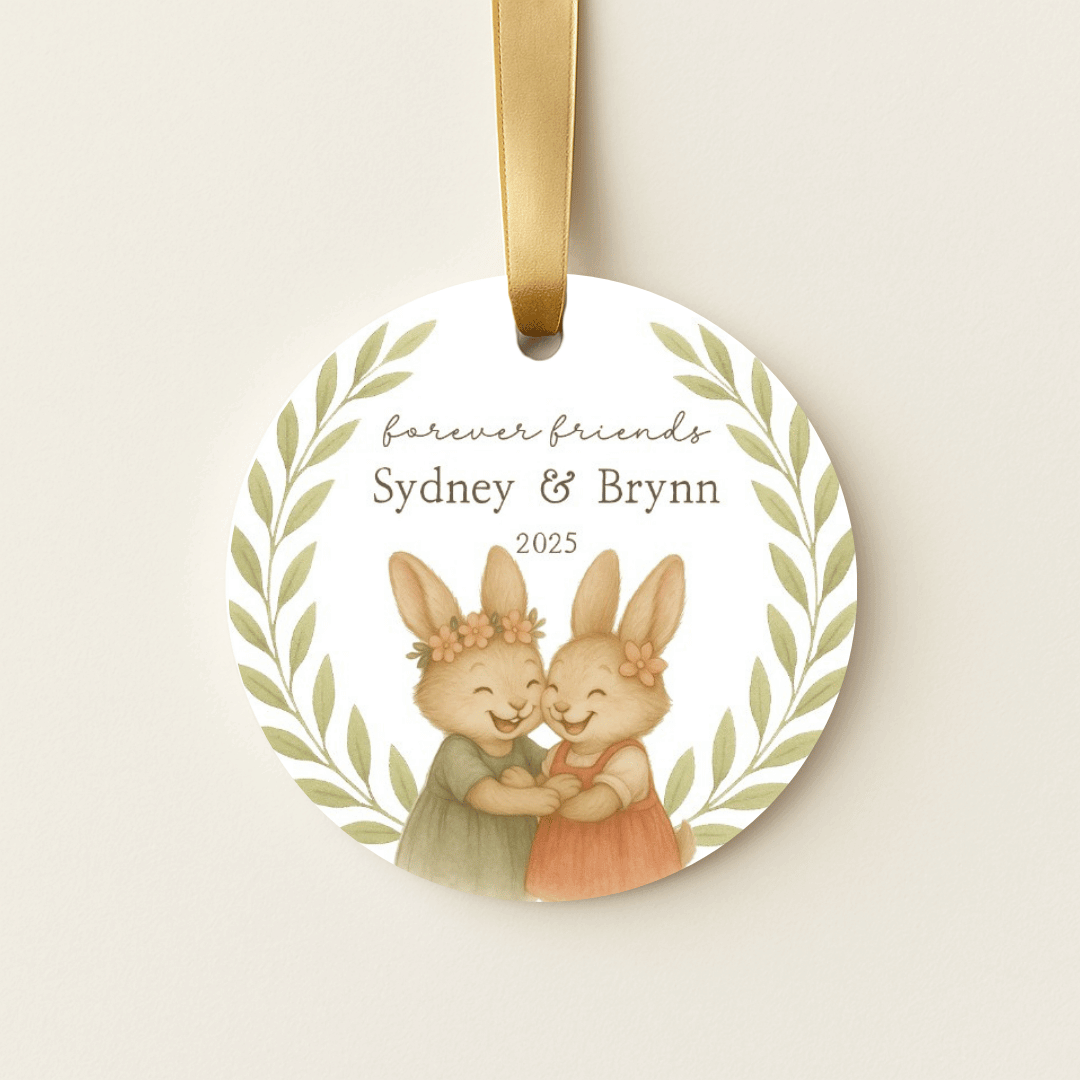 Personalized ceramic Christmas ornament with hugging bunnies, for sisters or young girls