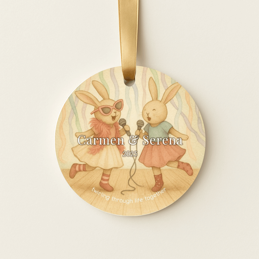 Personalized ceramic Christmas ornament with dancing bunnies, for sisters or young girls